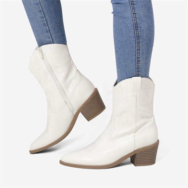 Western Chunky Heel Cowboy Ankle Boots - WHITE - 1